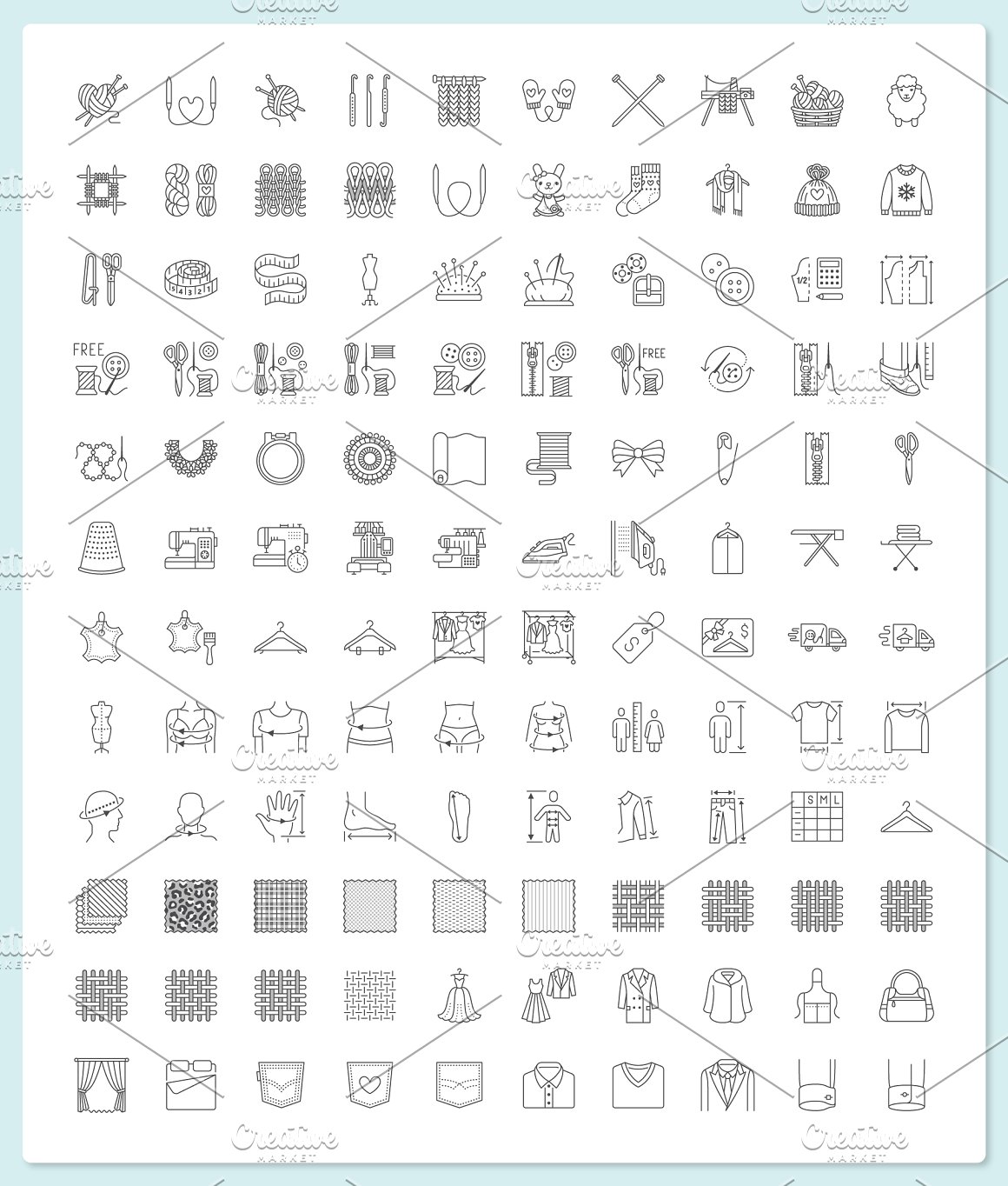 A large number of icons on the subject of sewing.