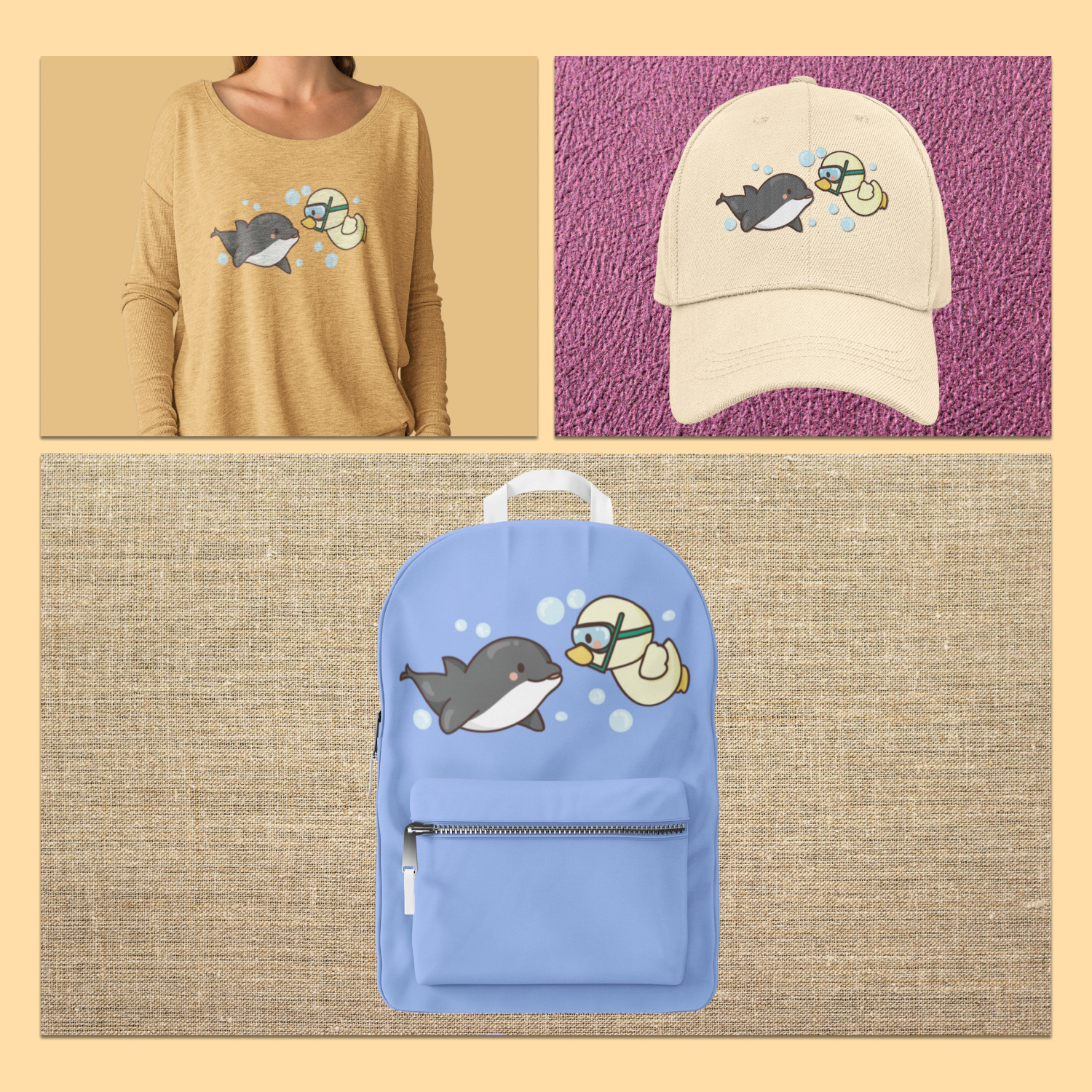 Woman wearing a hat and a backpack with a penguin on it.