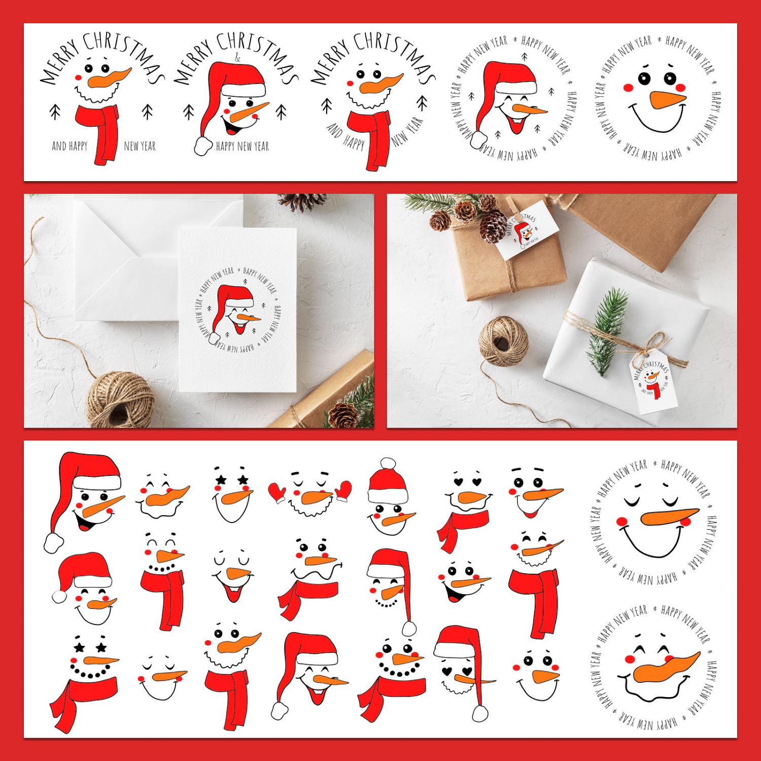 Christmas ornament snowman faces svg bundle preview.