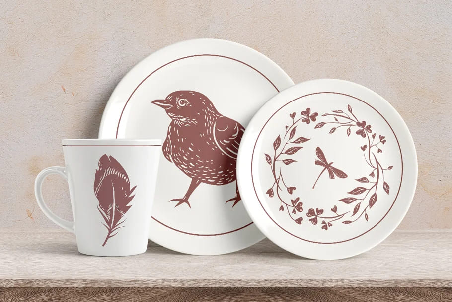 songbirds graphic collection, plates and cup mockup.