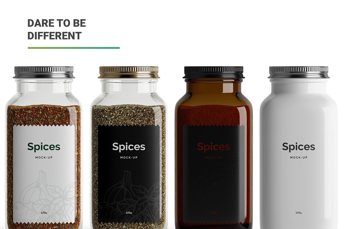 Various jars with different color labels for spices.