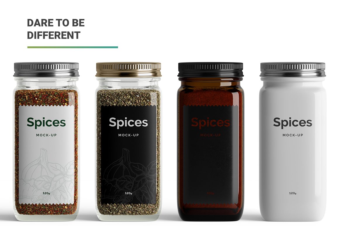 Various jars with different color labels for spices.