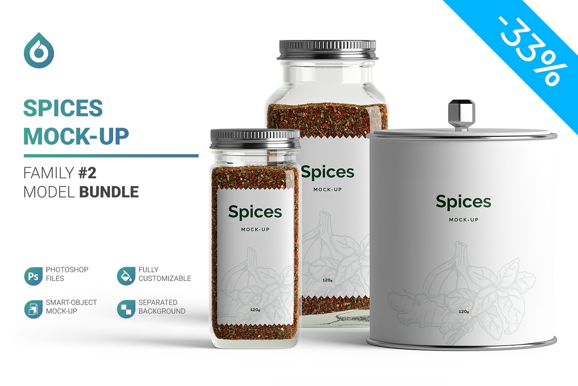 Print for spices label on glass and iron jars.
