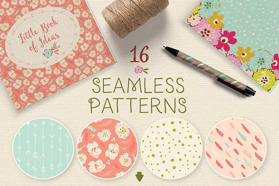 spring adventures designers kit, seamless patterns.