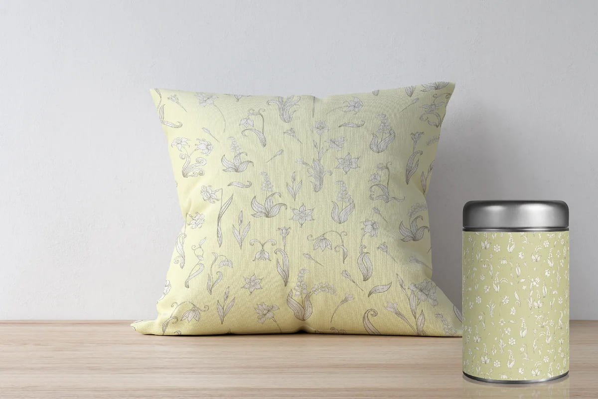 spring fairy tale seamless pattern pillow mockup.