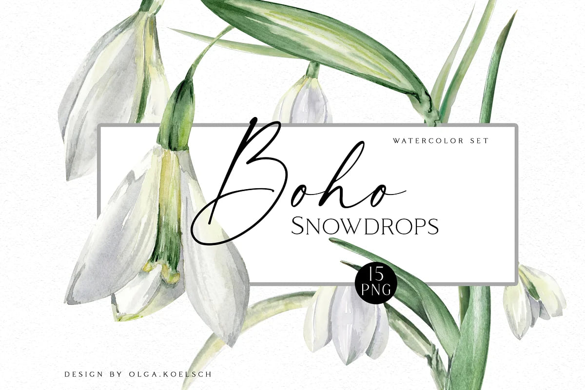 spring flowers bundle, boho snowdrops set.