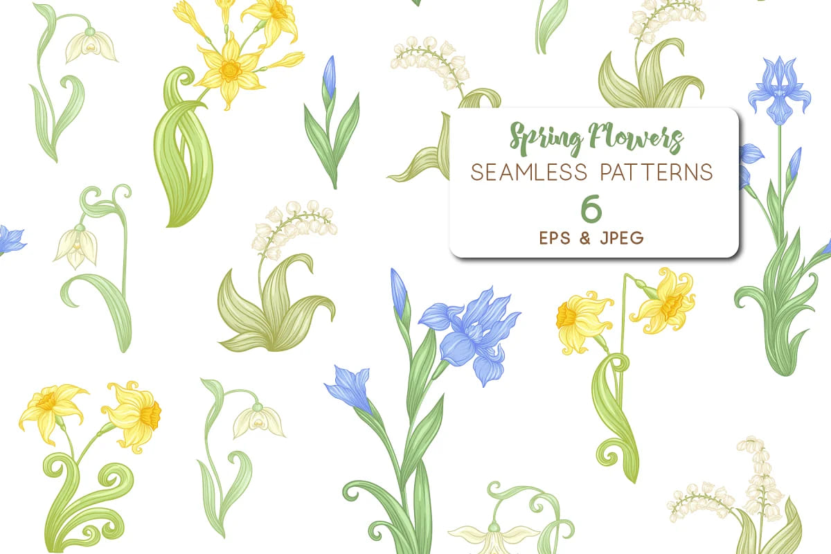 6 Spring Flowers Seamless Patterns facebook image.