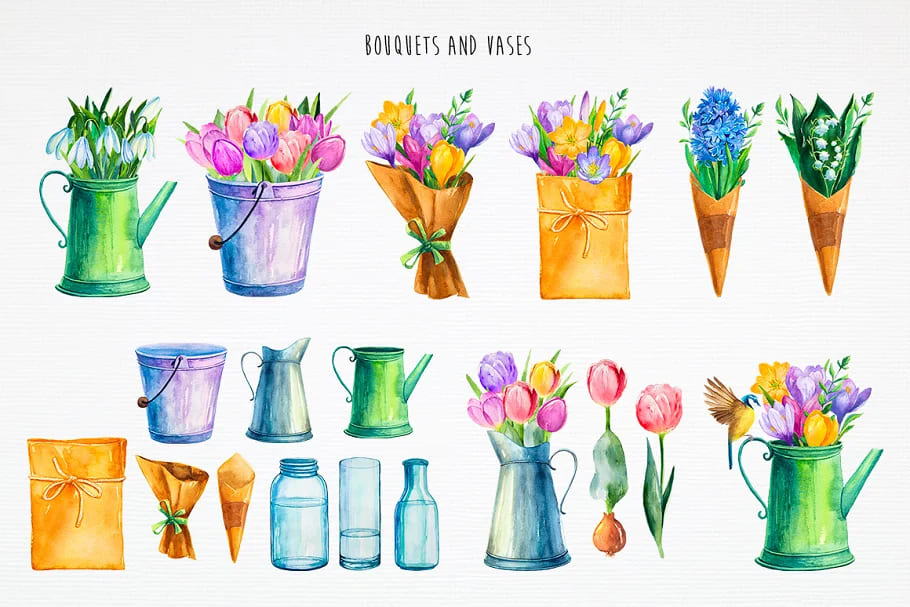 spring flowers watercolor bouquets and vases.