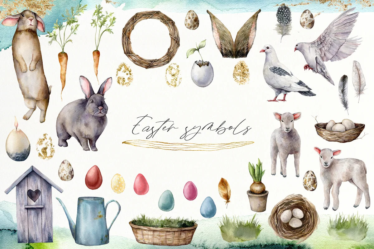 spring song watercolor easter bunny, easter symbols.