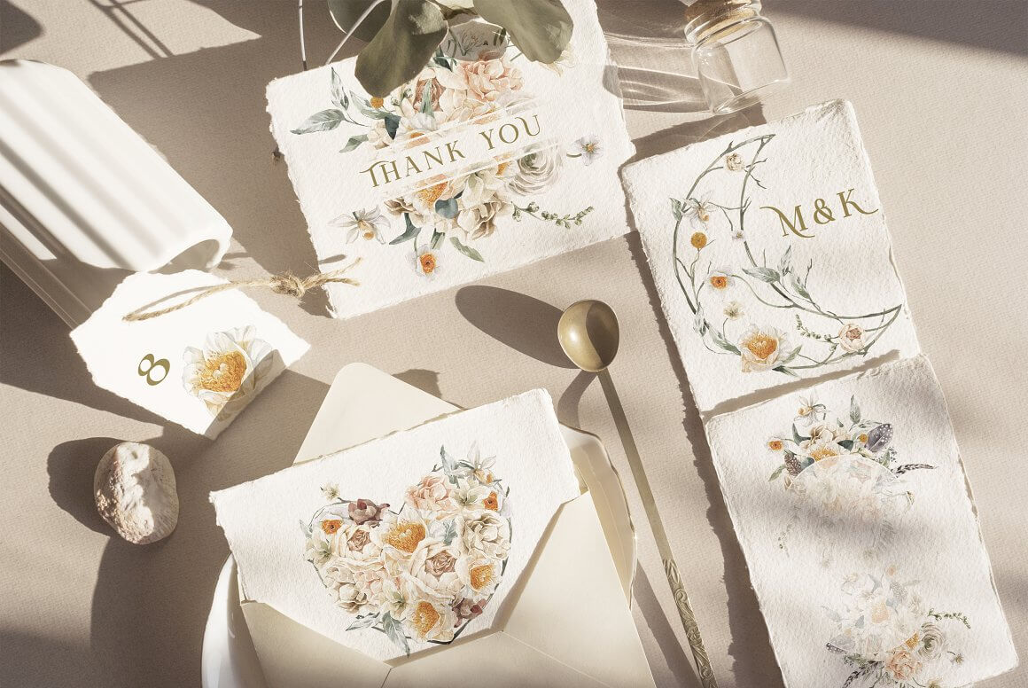 Napkins, white cards with a floral pattern and the written word thank you.