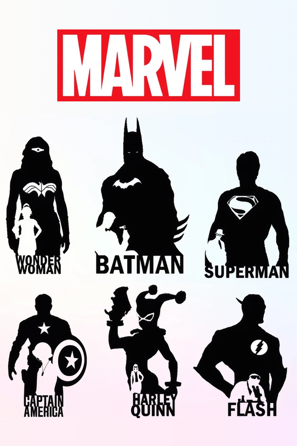 Superman, Harley Quinn, Flash black and white.