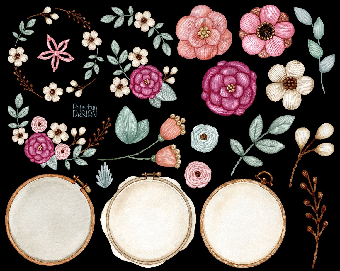 Various canvases with flowers on a dark background.