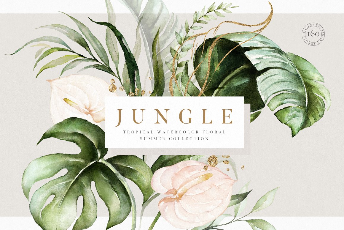 Jungle tropical watercolor floral summer collection.