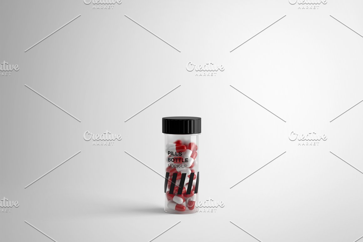 A transparent jar with red and white pills.