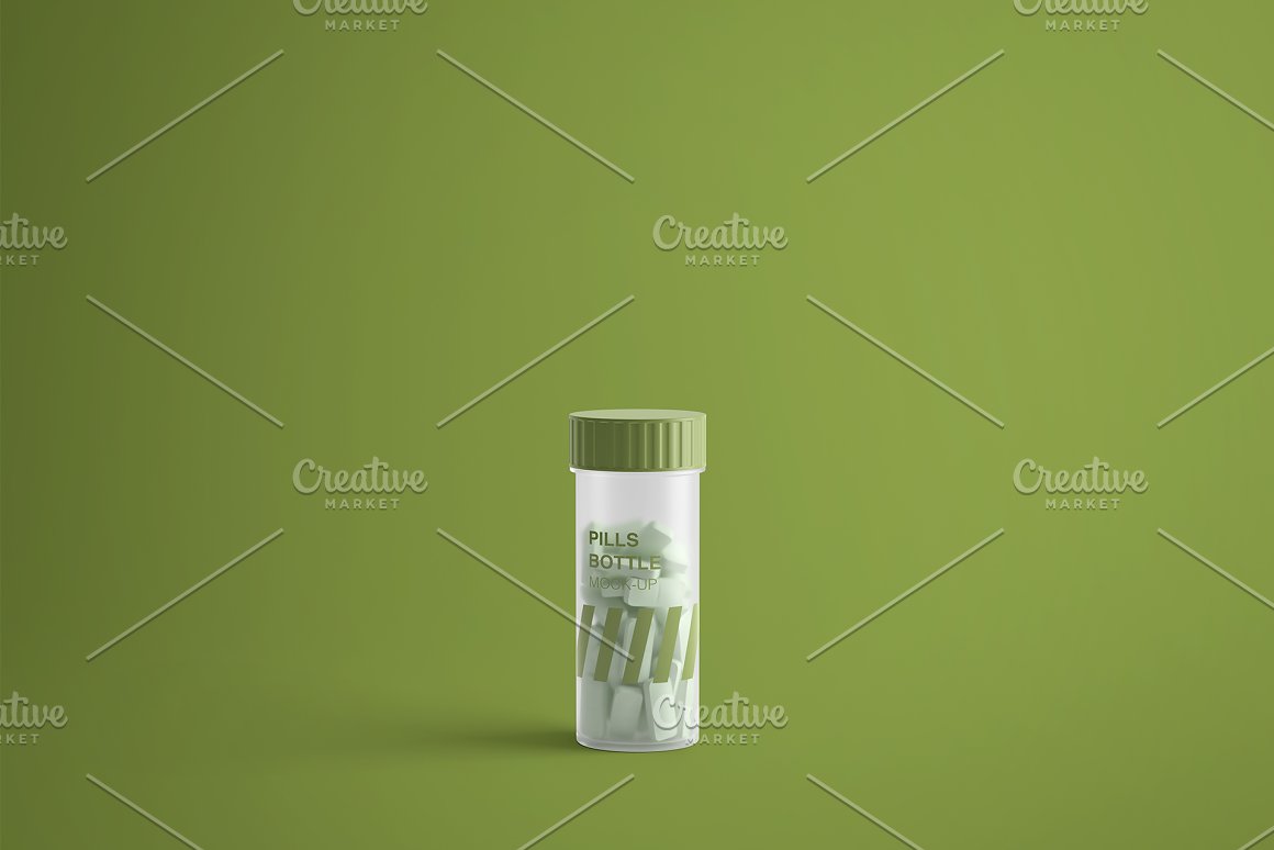 Jar with white and green pills.