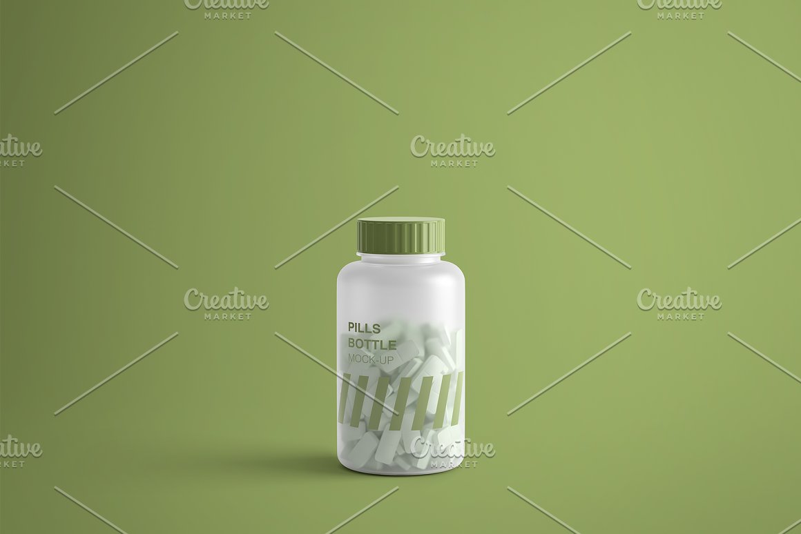 Jar with white and green pills.