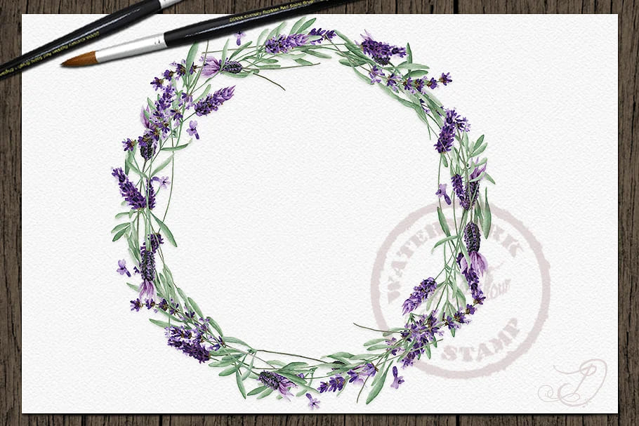 vintage lavender watercolor clipart, lavender wreath.