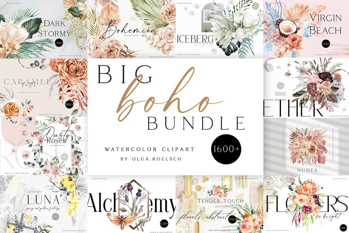 All slides with 1600+ images of big boho bundle watercolor clipart.