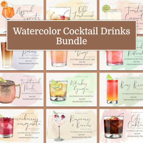 Watercolor cocktail drinks bundle.