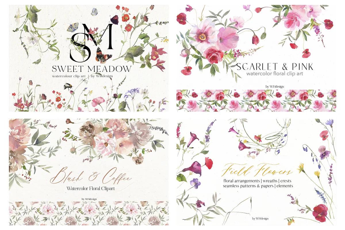 watercolor floral clipart bundle, graceful floral sets.