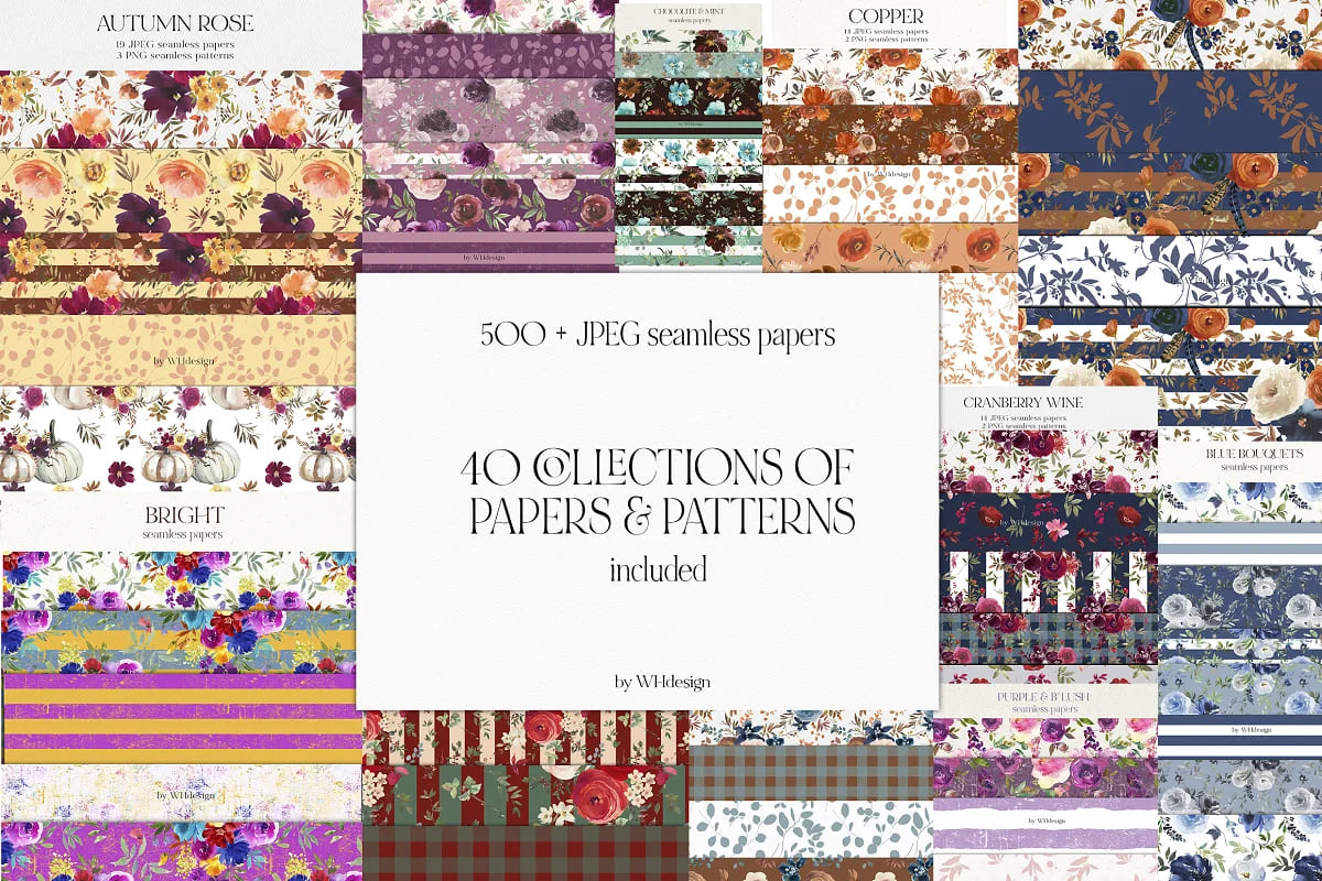 watercolor floral clipart bundle, 40 collections of papers and patterns.