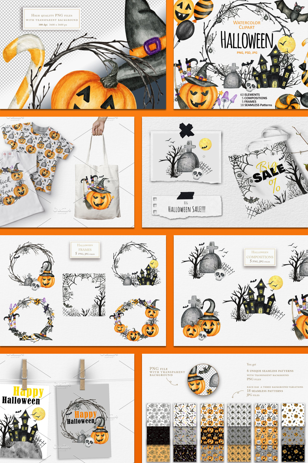 A preview of how to use the Halloween theme on frames, clothing prints, and more.