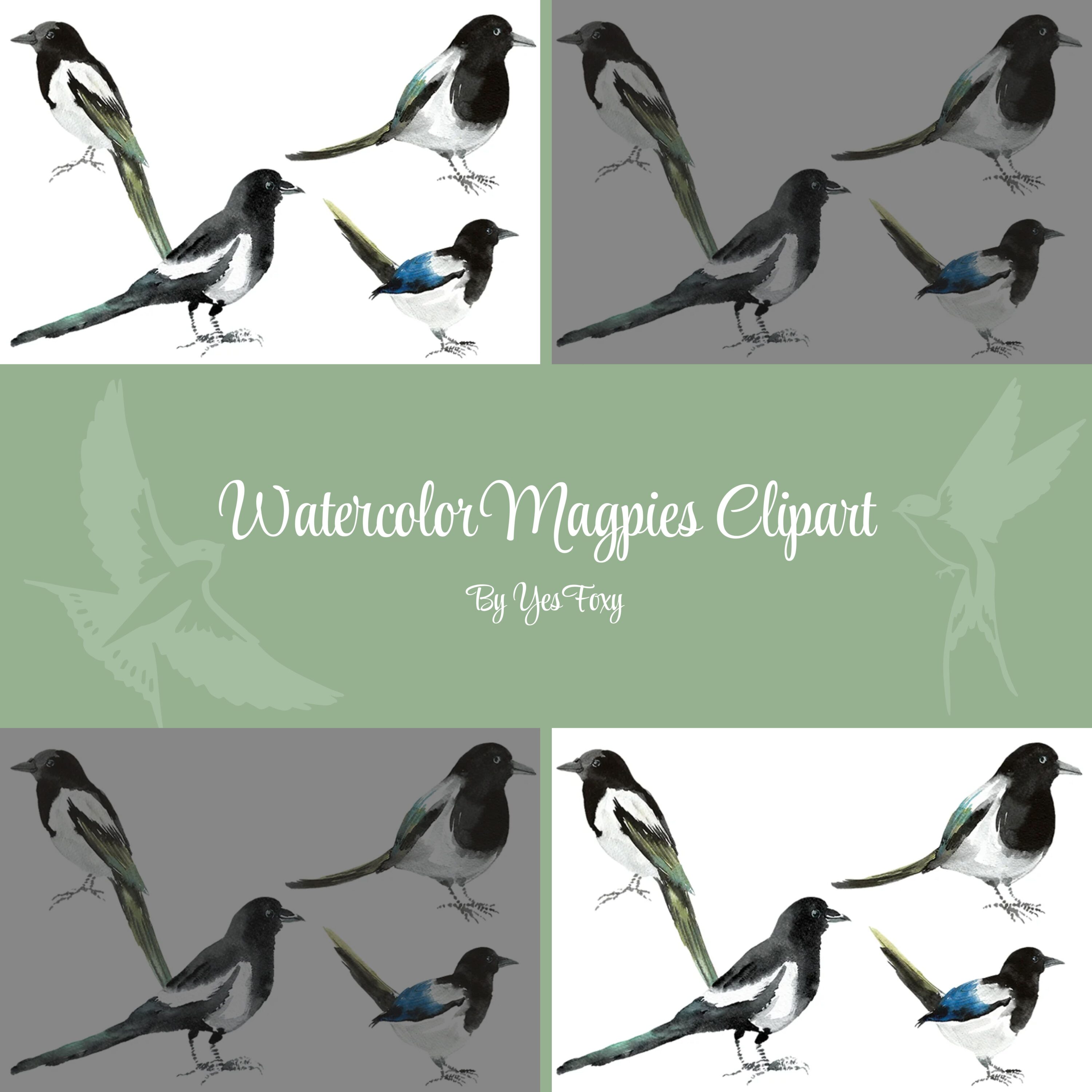Watercolor Magpies Clipart cover image.