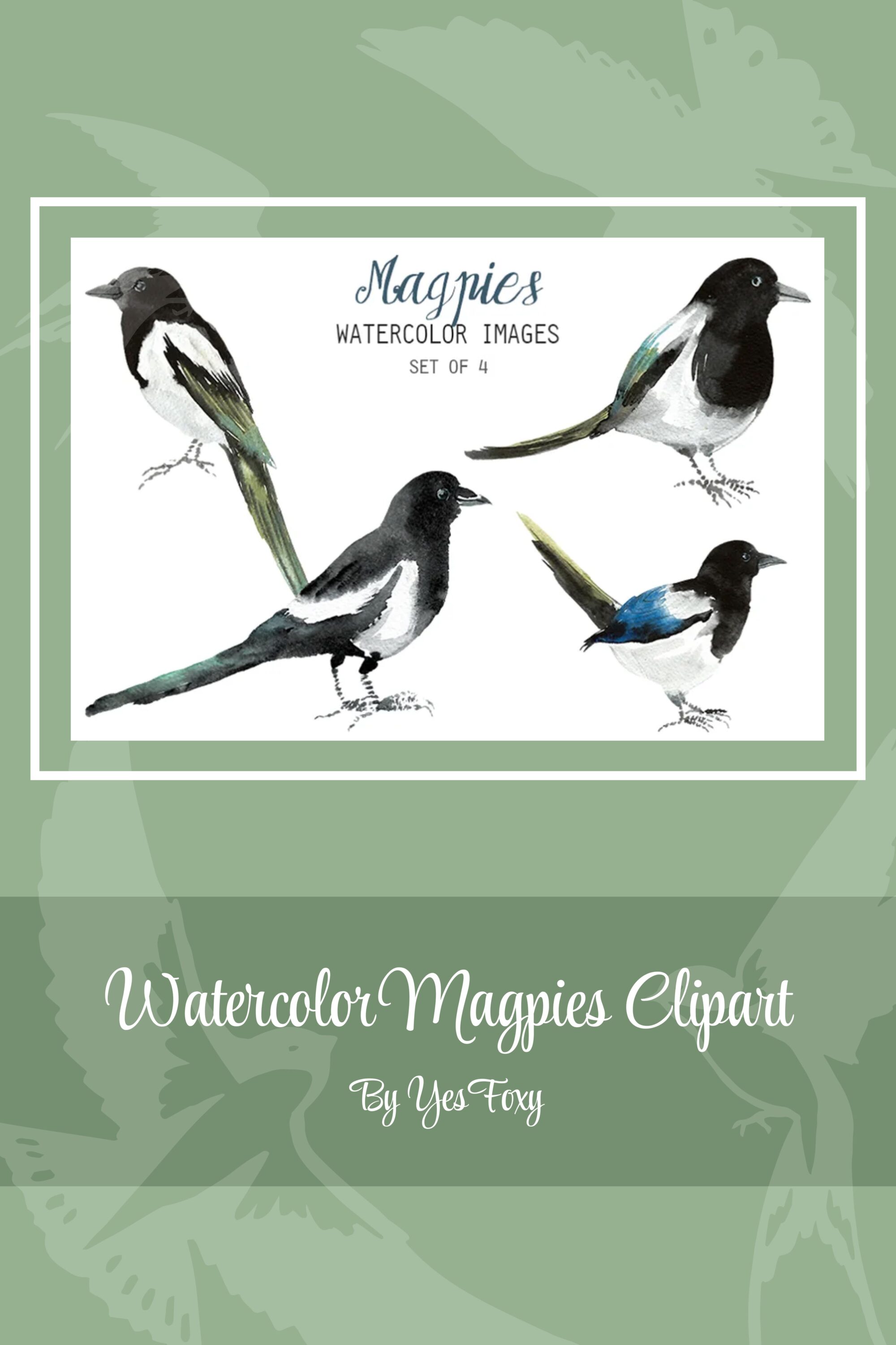 Watercolor Magpies Clipart pinterest image.