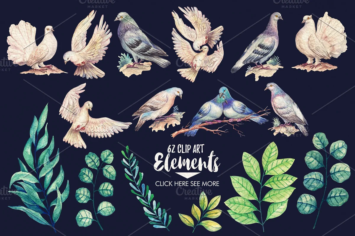 watercolor pigeons of peace clipart elements.