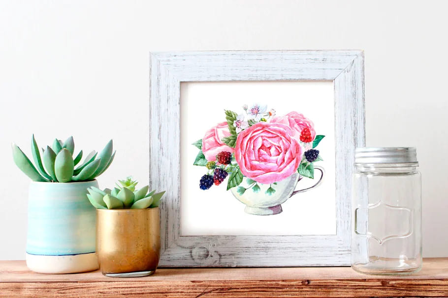 watercolor set flowers in a cup for your design.