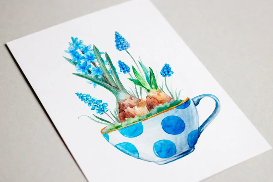 watercolor set flowers in a cup for print.