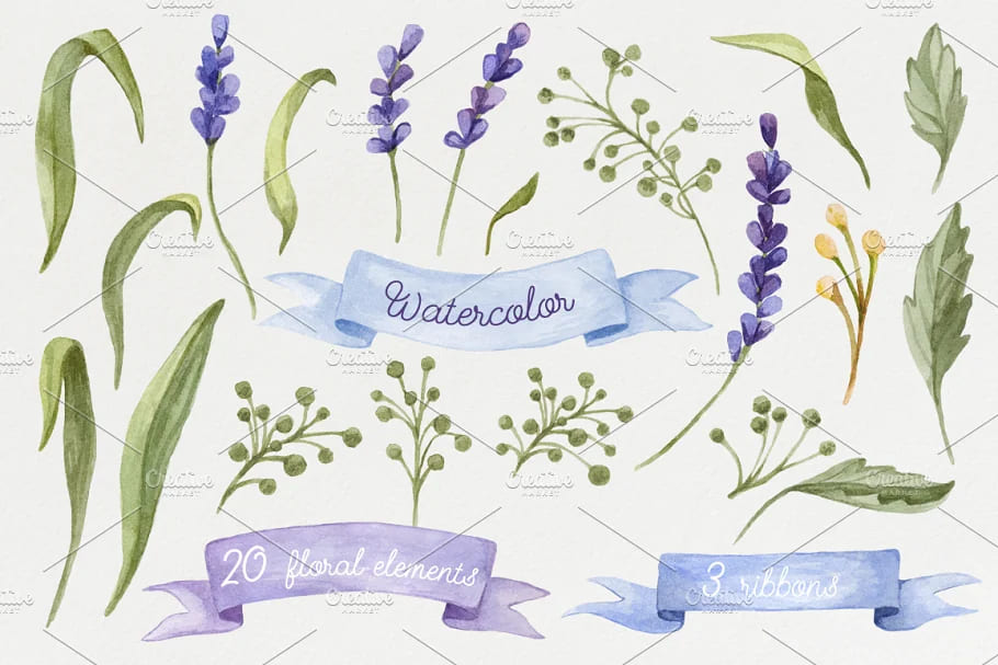 watercolor set with lavender flowers.