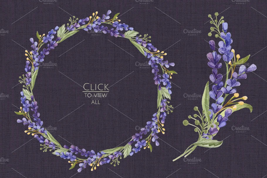 watercolor set with lavender flowers, lavender wreath on dark background.