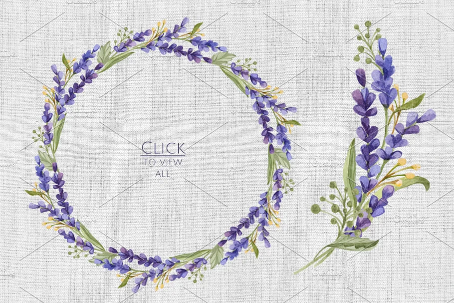 watercolor set with lavender flowers, lavender wreath on light background.