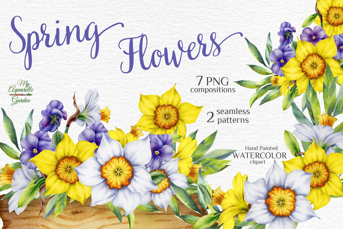 Watercolor Spring Flowers Set facebook image.