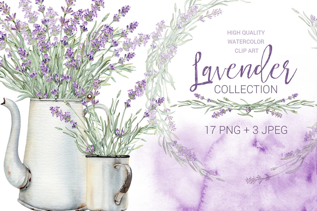 Watercolor Vintage Lavender Clip Art facebook image.