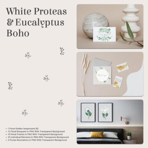 White proteas and eucalyptus boho preview.