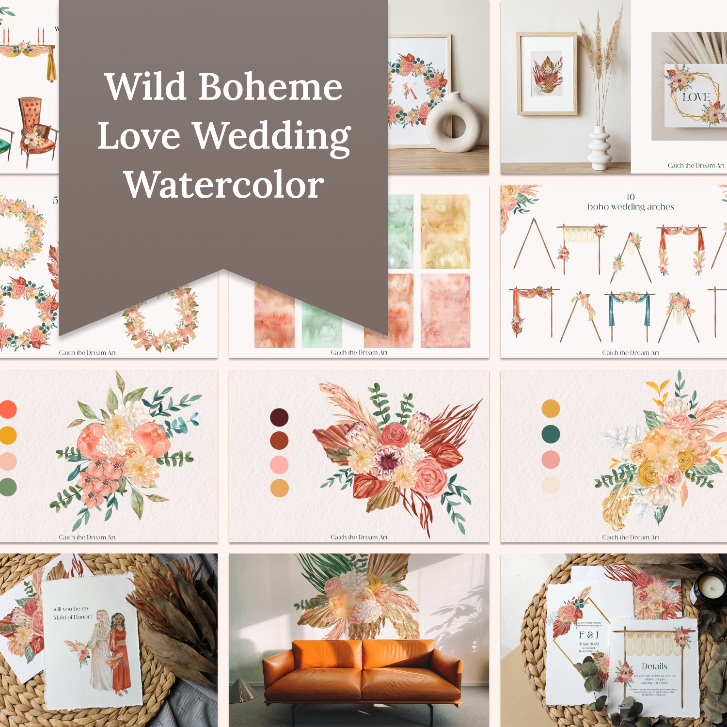 Prints of wild boheme love wedding watercolor.