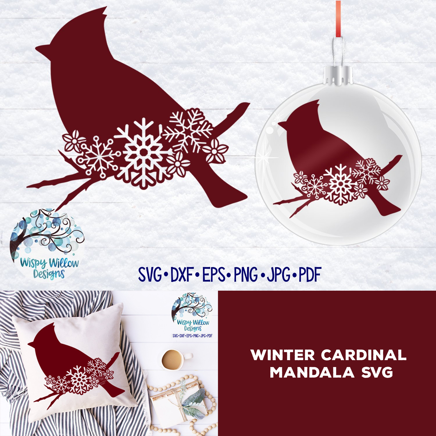 Winter cardinal mandala svg preview.