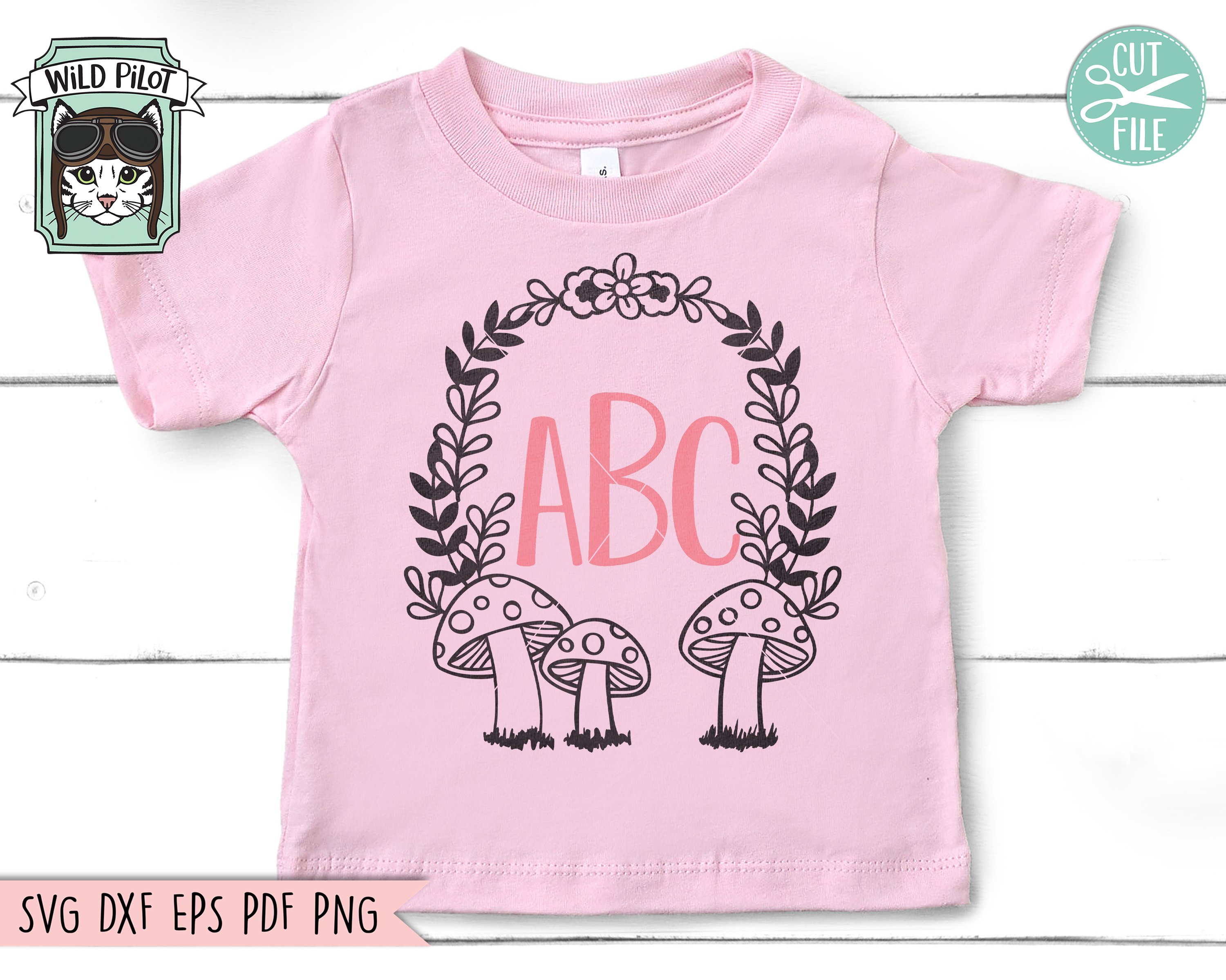 Pink t-shirt with mushroom print.