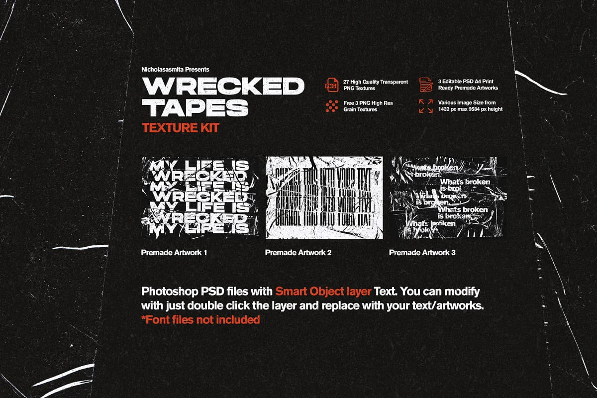 wrecked tapes texture kit, pre-made artworks.