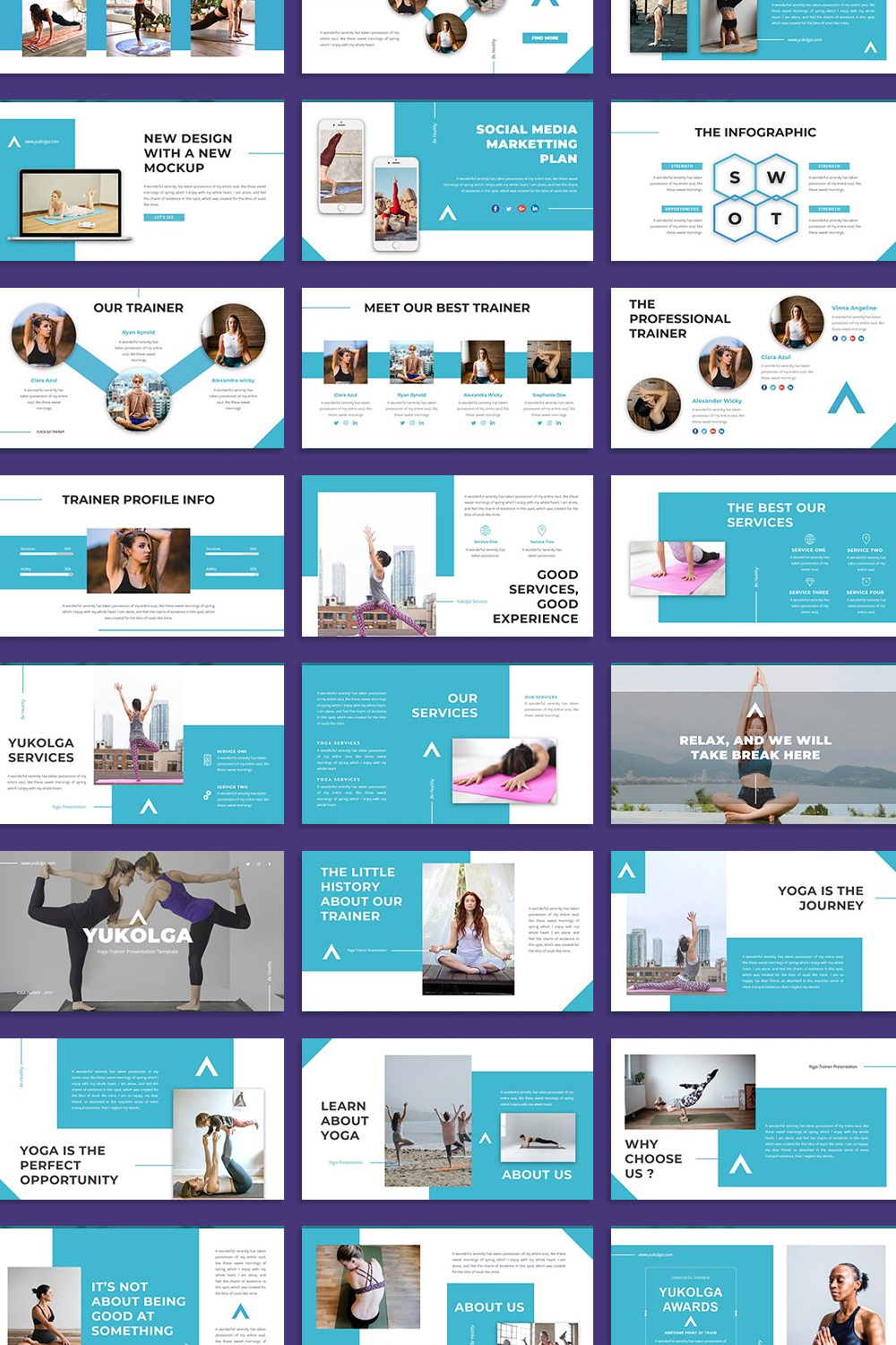 Unique slides with images of people doing yoga.