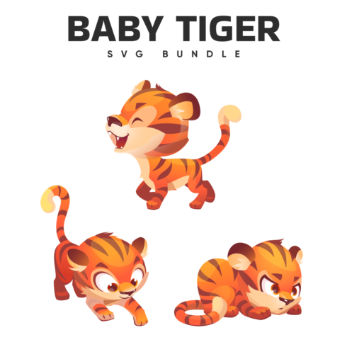 Baby tiger in three drawings and a caption on top of the picture.