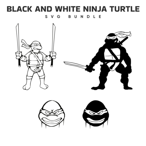 Two black and white ninja turtles and two aggressive turtle heads and heading.