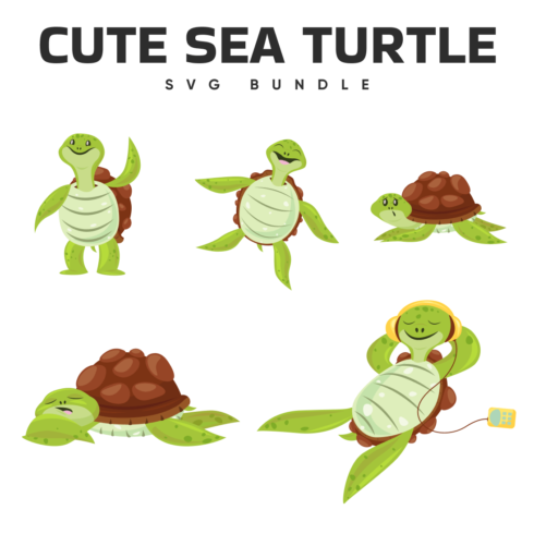 Six cute sea turtles with caption.