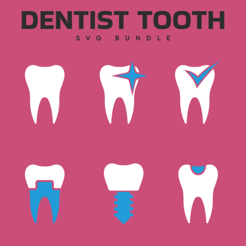 Six dental teeth on a pink background.