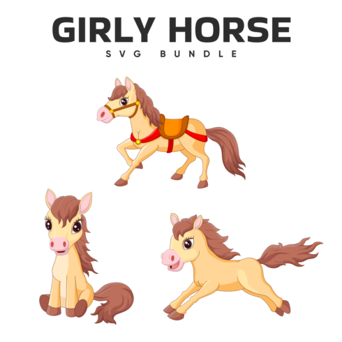 Set of three cartoon horses with different poses.