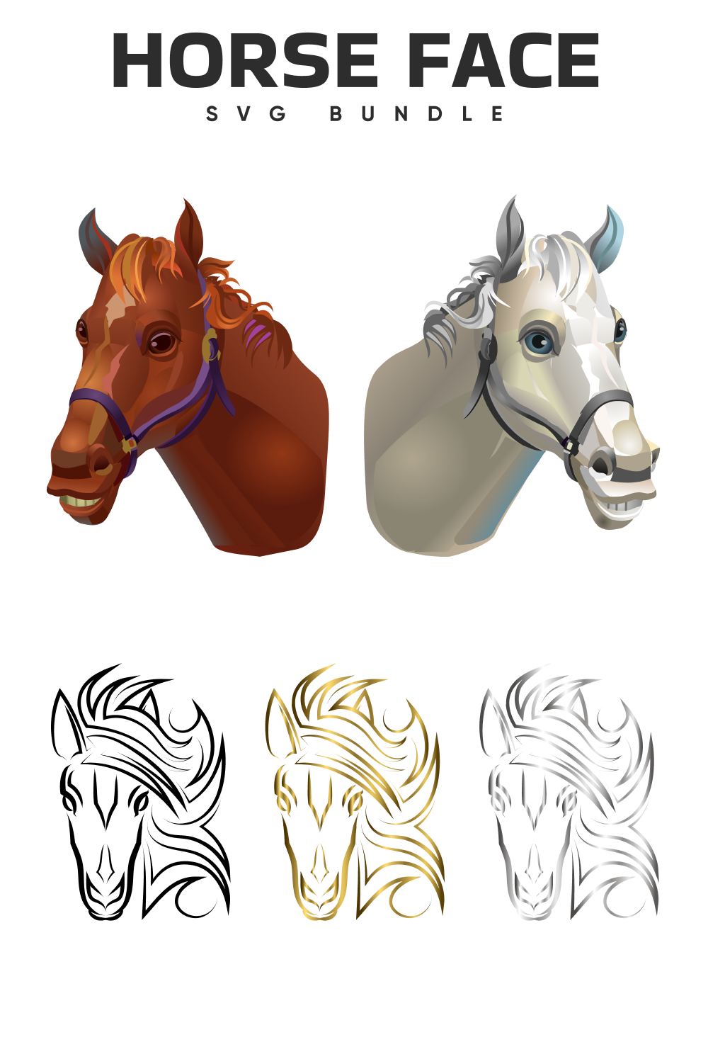 The horse face is shown in three different colors.