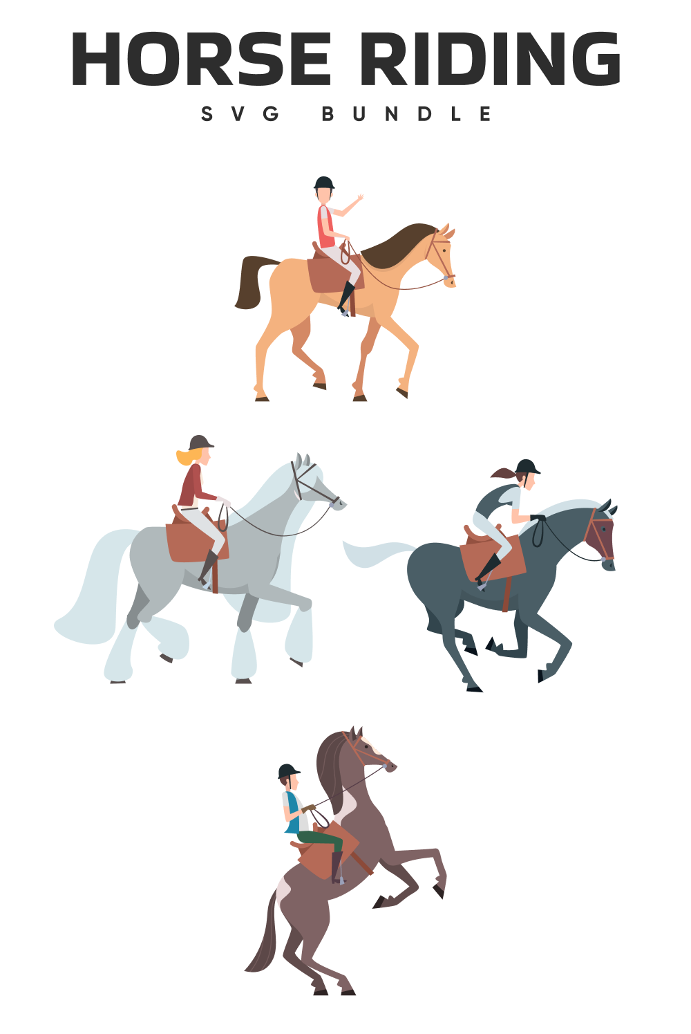 Group of people riding horses on a white background.