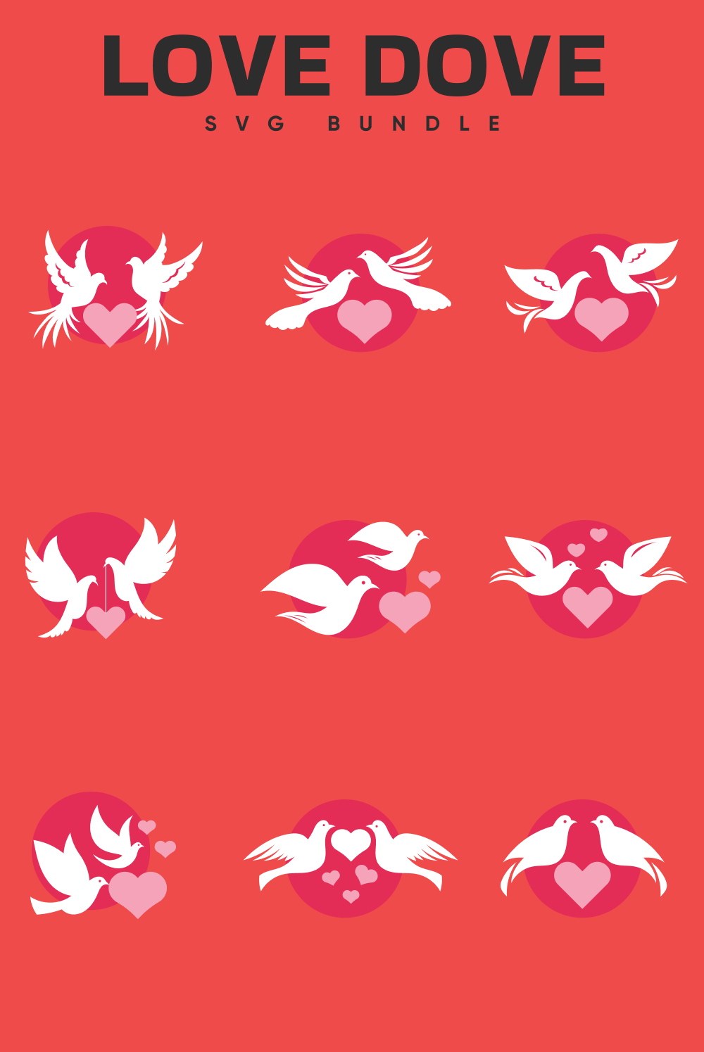 Red background with white doves and hearts.